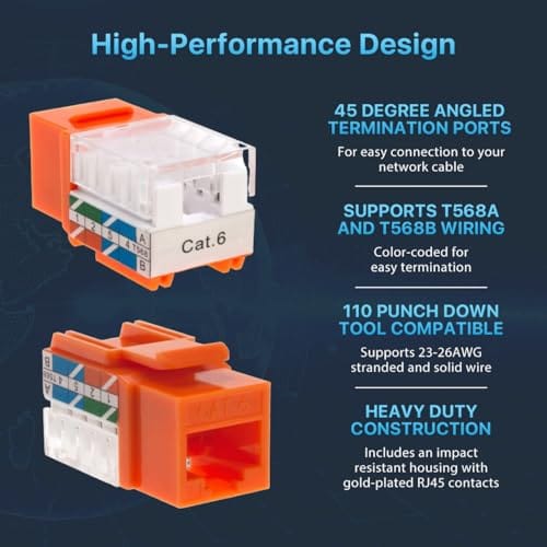 Cat6 Keystone Ethernet Wall Jacks RJ45 Slim Profile Orange, 45 Degree 10Gbps