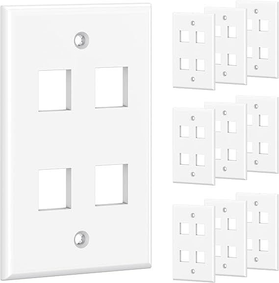 4-Port Keystone Jack Wall Face Plate - White, Low Profile