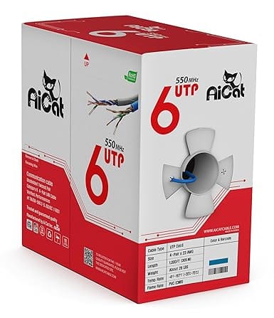 Cat 6 Ethernet Cable Blue 1000ft - 23 AWG, CMR, Insulated Solid Bare Copper Wire Cat6 Cable with Noise Reducing Cross Separator - 550MHZ / 10 Gigabit Speed, UTP Cat6 Cable 1000ft PoE+ UTP LAN Cable
