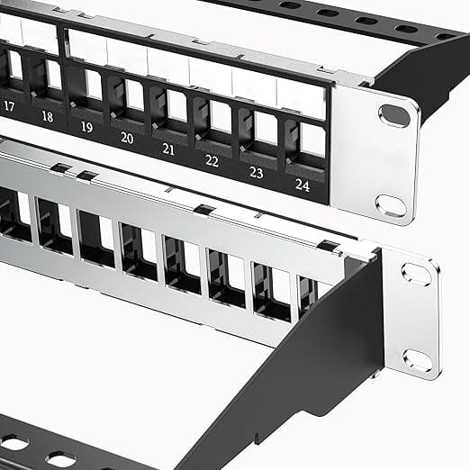 Jadaol 24 Port Blank Patch Panel, 1U 19inch Rack/Wall Mount Patch Panel with Cable Management Bar, Compatible with Cat6 Keystone Jacks, HDMI, Coax, USB, Fiber, Audio Keystone Jacks